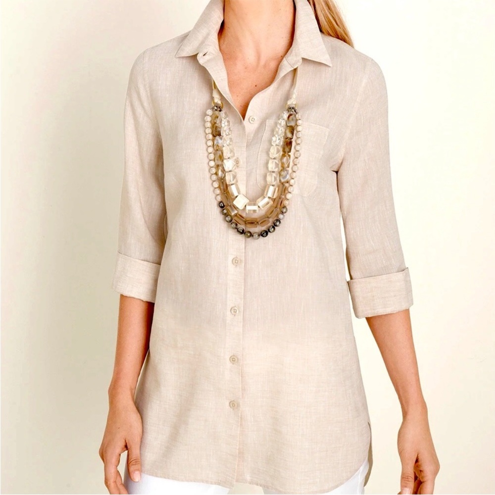 Chico’s No-Iron Linen Tunic Top Women’s Size L Button Front Lagenlook Natural